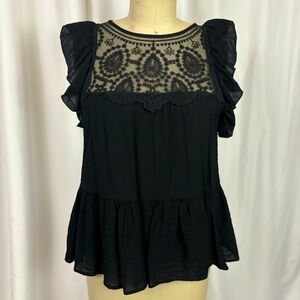 Jun & Ivy Black Sheer Lace Gauze Ruffle Top NWT X Small